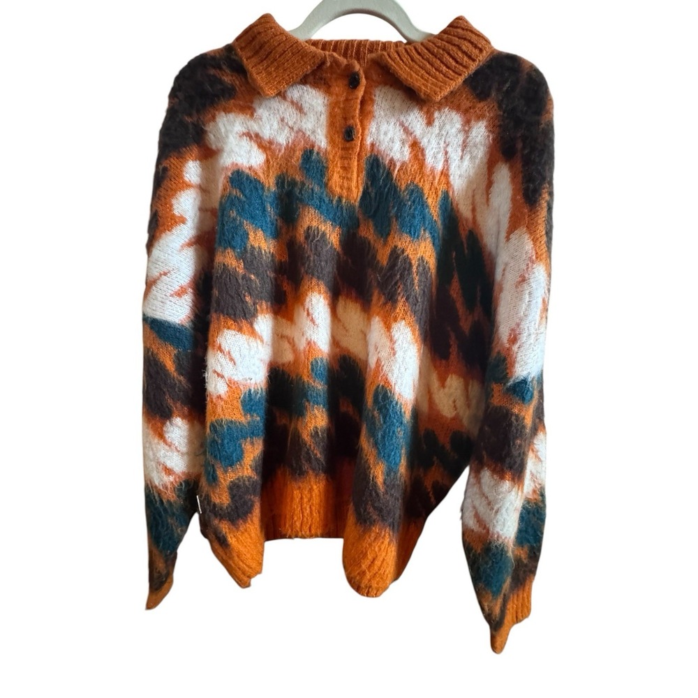 Obey Ari Orange Abstract Fuzzy Woman's S Relaxed Fit Dolman Sleeve Polo Sweater